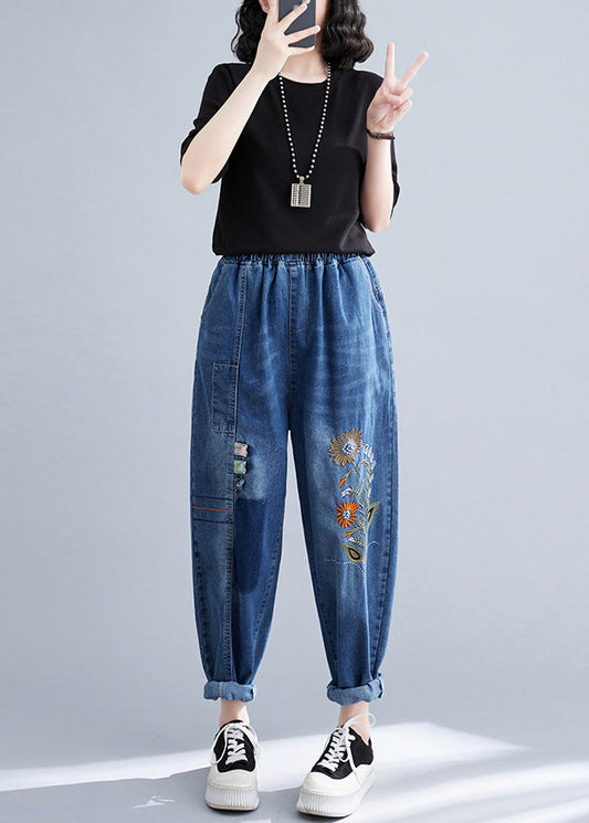 Summer French blue stitching embroidery denim harem pants