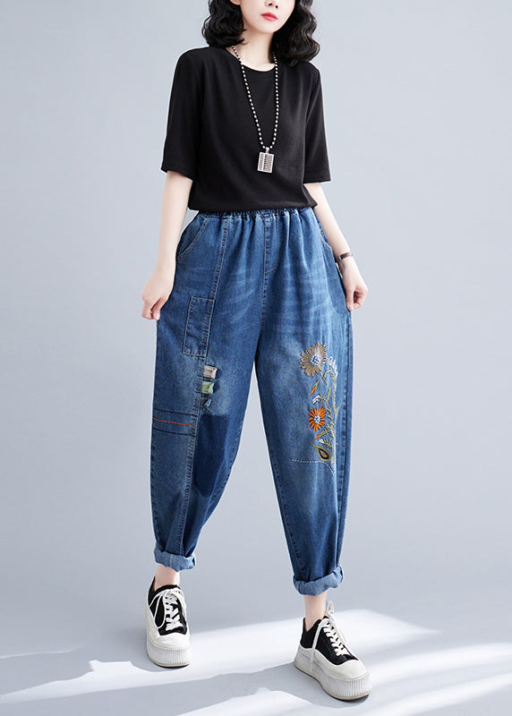 Summer French blue stitching embroidery denim harem pants