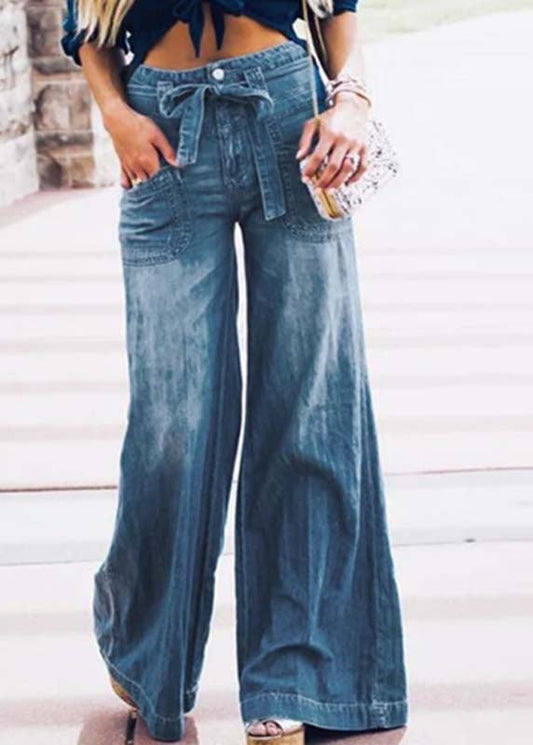 French style oversized waist blue denim wide leg pants summer