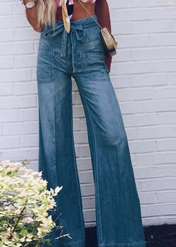 French style oversized waist blue denim wide leg pants summer