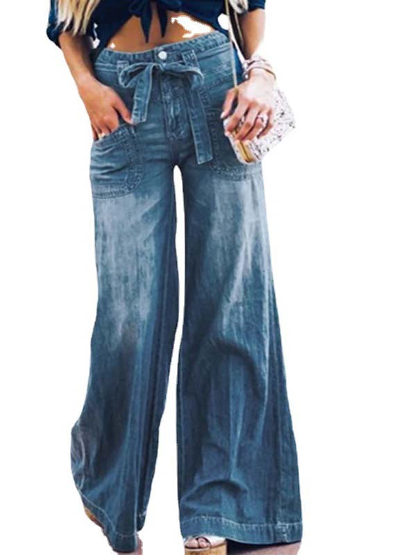 French style oversized waist blue denim wide leg pants summer