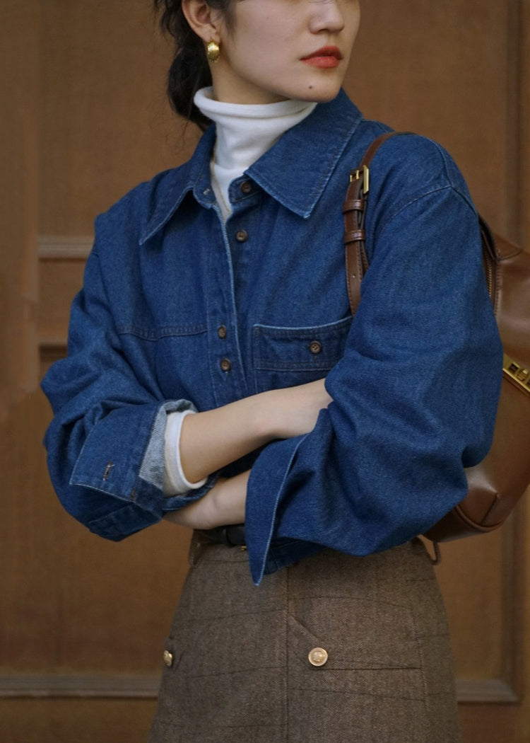 French Blue Peter Pan Collar Button Pockets Denim Shirts Fall