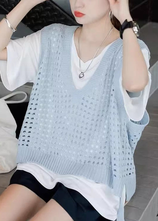 French Blue V Neck Hollow Out Knit Vest Summer