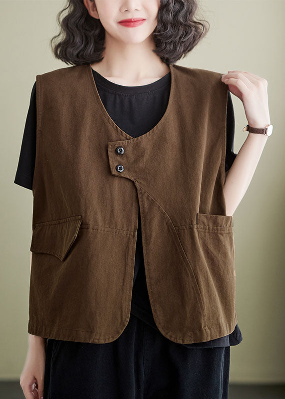 French Coffee Patchwork  Pocket Cotton Vest Sleeveless