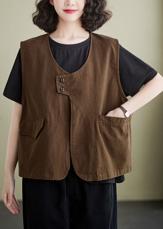 French Coffee Patchwork  Pocket Cotton Vest Sleeveless