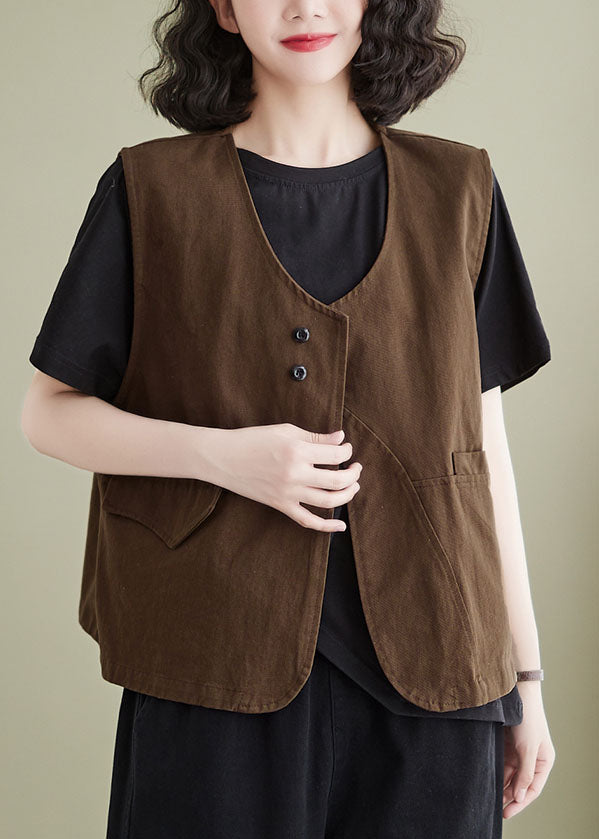 French Coffee Patchwork  Pocket Cotton Vest Sleeveless