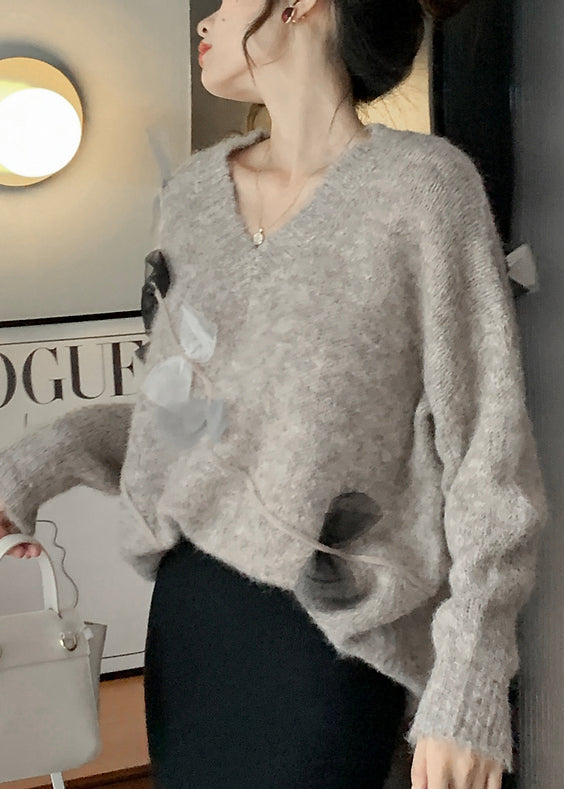 French Cozy V Neck Knitted Sweaters Tops Fall