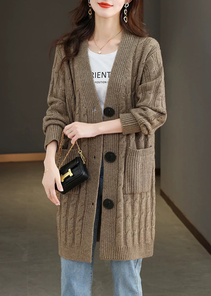 Beige Pockets Cable Wool Knit Fall Cardigans V Neck