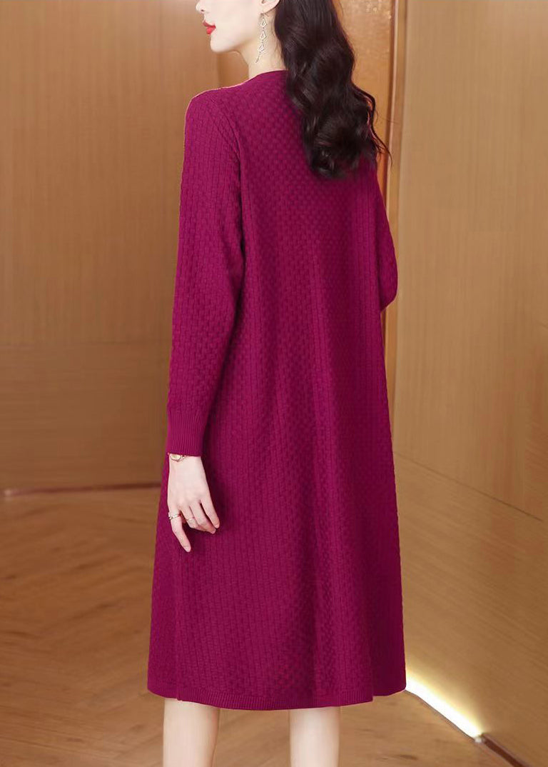 French Dark Purple V Neck Zircon Knit Sweater Dress Winter