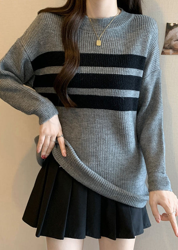 French Grey Oversized Striped Knit Tops Fall