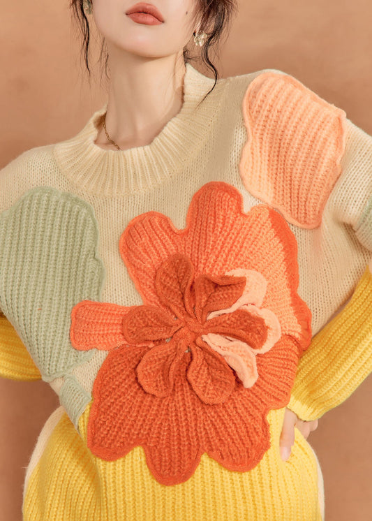 French Multicolor O-Neck Floral Knit Sweaters Winter