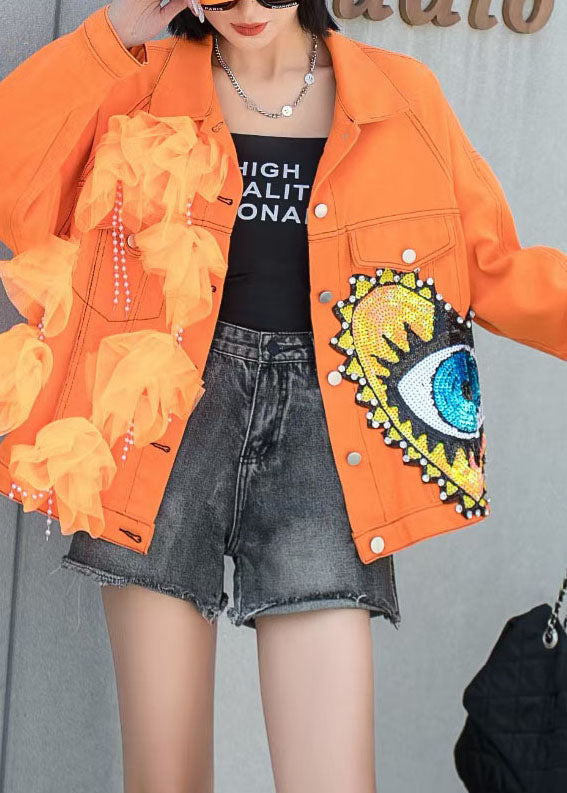 French Orange Tulle Patchwork Pocket Sequin Nail Bead Denim Coat Spring