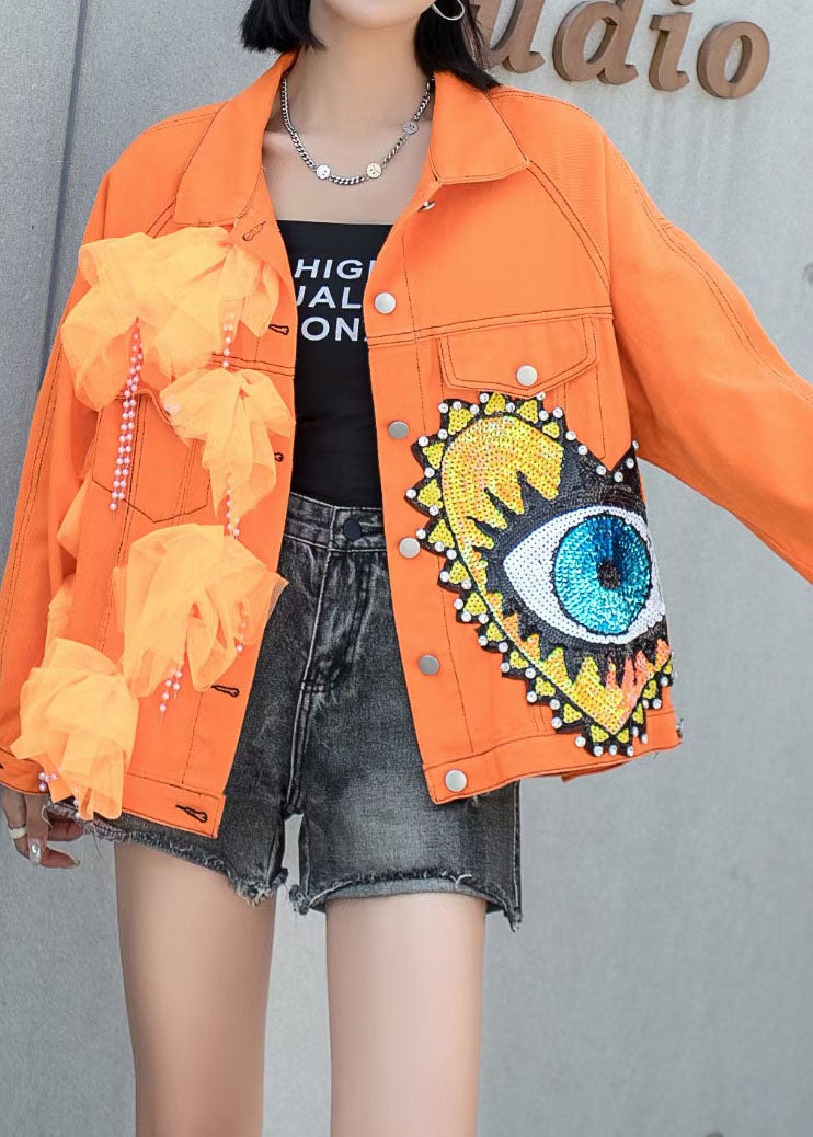 French Orange Tulle Patchwork Pocket Sequin Nail Bead Denim Coat Spring