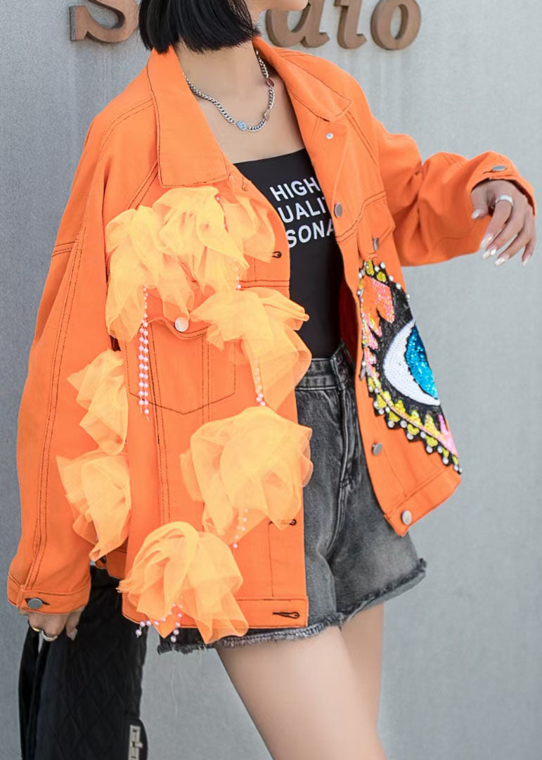 French Orange Tulle Patchwork Pocket Sequin Nail Bead Denim Coat Spring