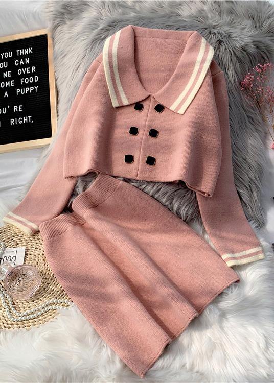 French Pink Knitted suit women's new short sweater Pullover skirt two piece set in early autumn