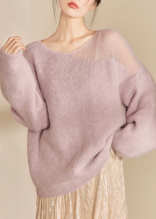 French Purple O Neck Hollow Out Woolen Sweater Tops Fall