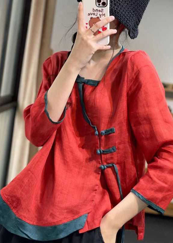 French Red Asymmetrical Button Linen Blouses Long Sleeve