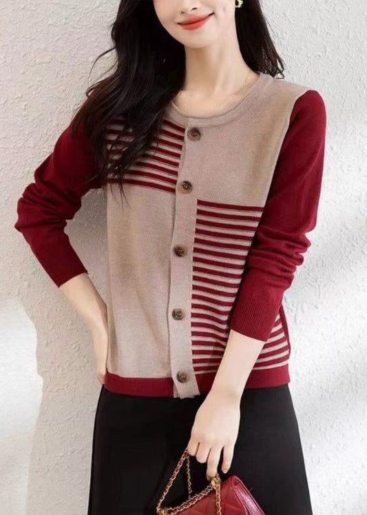 French Red O Neck Button Patchwork Knit Cardigans Fall