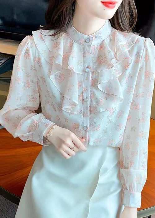 French Stand Collar Ruffled Print Chiffon Shirt Top Summer