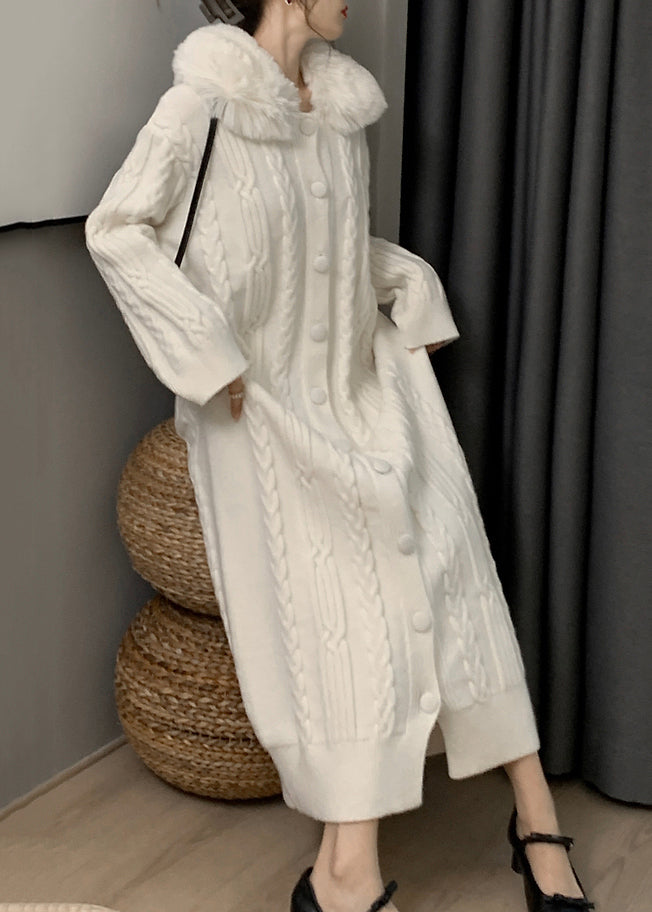 French White Fur Collar Patchwork Knitted Sweaters Dress Fall