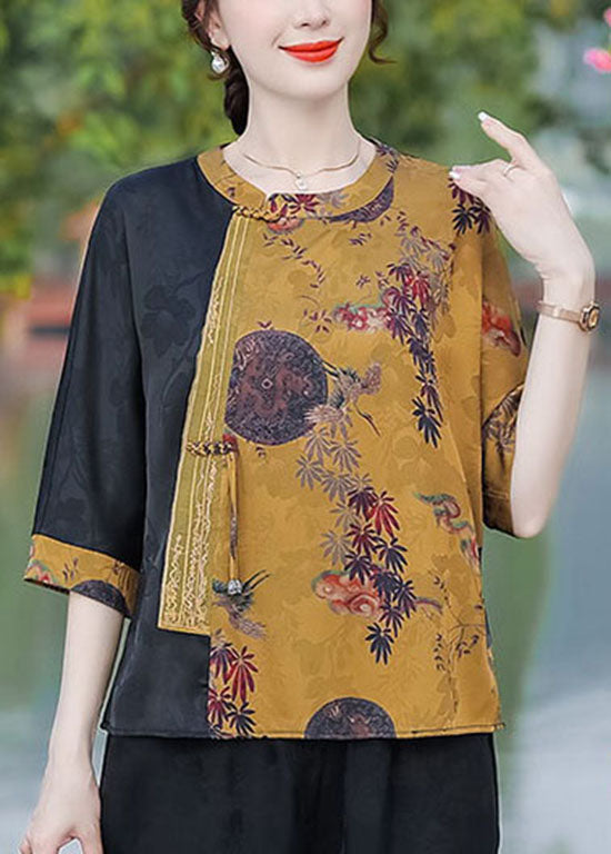 O Neck French Print Patch Yellow Silk Top Summer