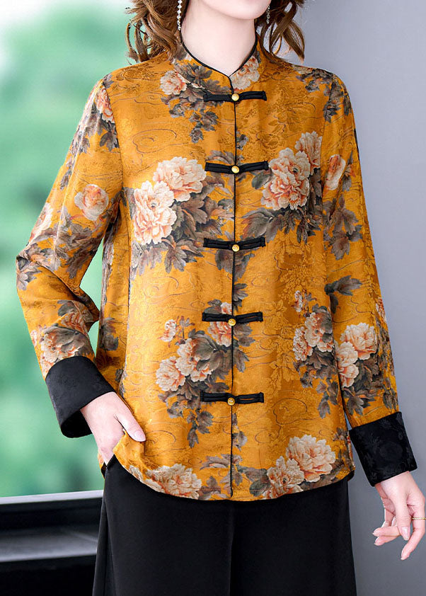 French style yellow stand collar Chinese button printed silk Shirt Spring