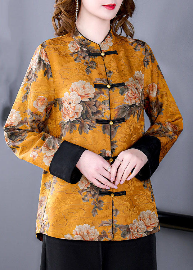 French style yellow stand collar Chinese button printed silk Shirt Spring