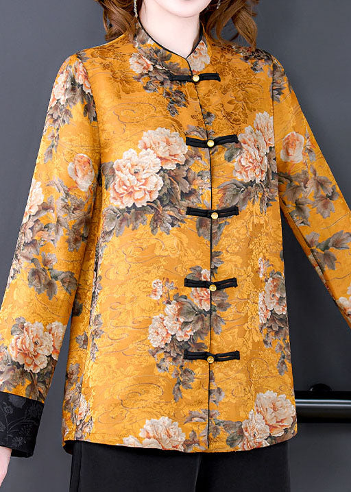 French style yellow stand collar Chinese button printed silk Shirt Spring