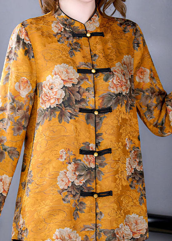 French style yellow stand collar Chinese button printed silk Shirt Spring