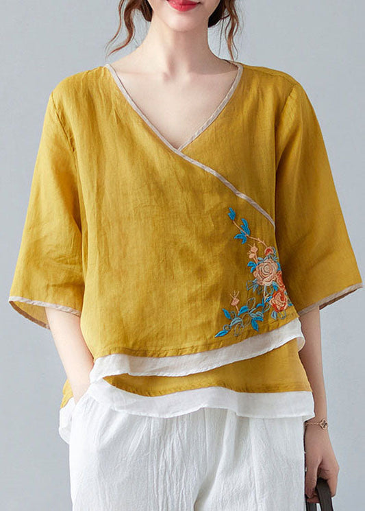 Yellow French V-Neck asymmetrical design Shirt Spring