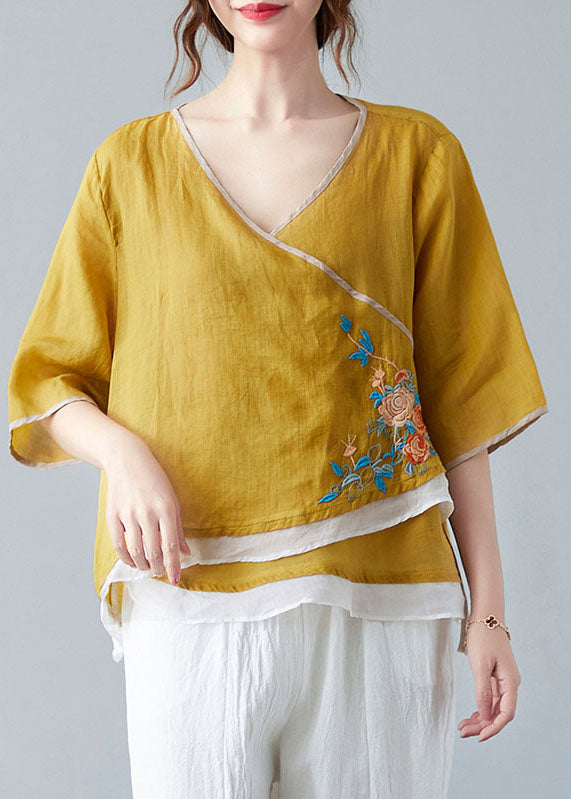 Yellow French V-Neck asymmetrical design Shirt Spring