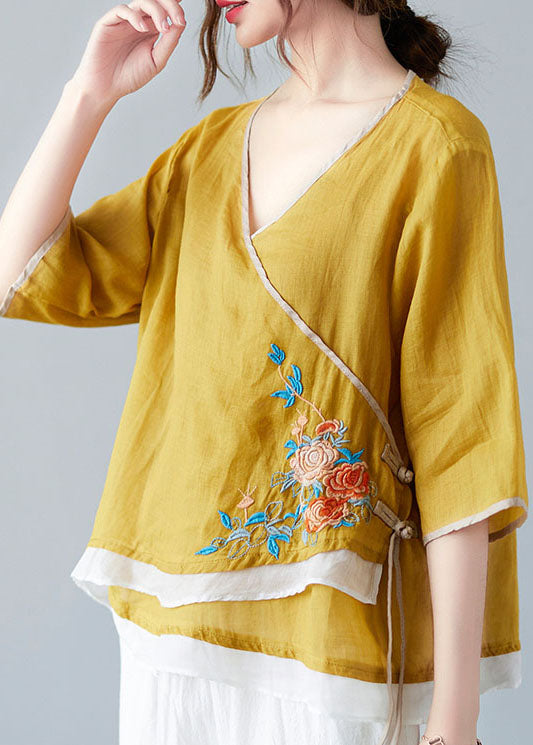 Yellow French V-Neck asymmetrical design Shirt Spring