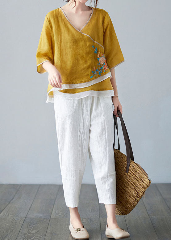 Yellow French V-Neck asymmetrical design Shirt Spring