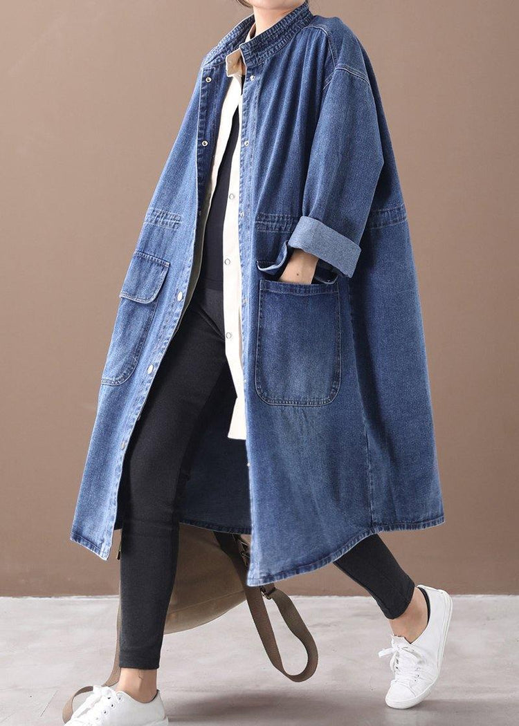 French denim blue box coat Shape stand collar drawstring Plus Size coat