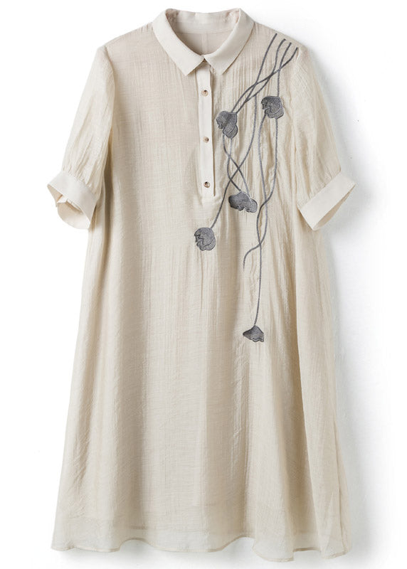 French Beige Embroidered Peter Pan Collar Button Long Dress Summer