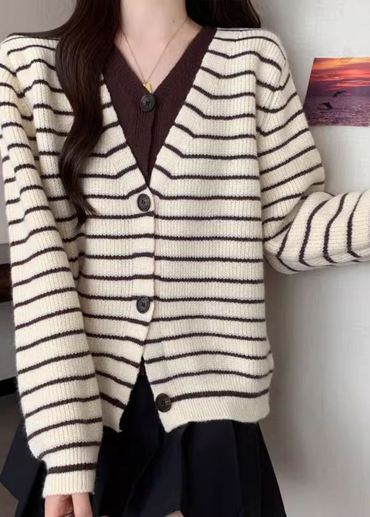 French Beige Striped Knit Fake Two Piece Cardigan Fall