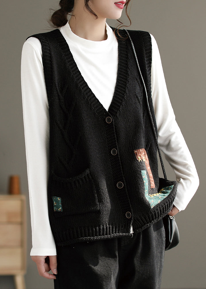 French Beige V Neck Button Pockets Cotton Knit Waistcoat Sleeveless