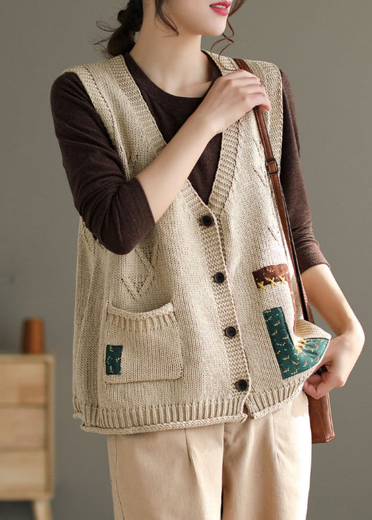 French Beige V Neck Button Pockets Cotton Knit Waistcoat Sleeveless