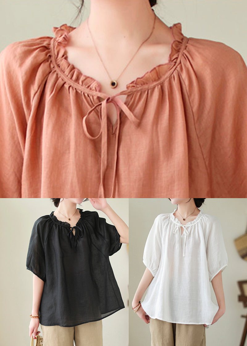 French Black Oversized Ruffle Linen Blouse Top Summer