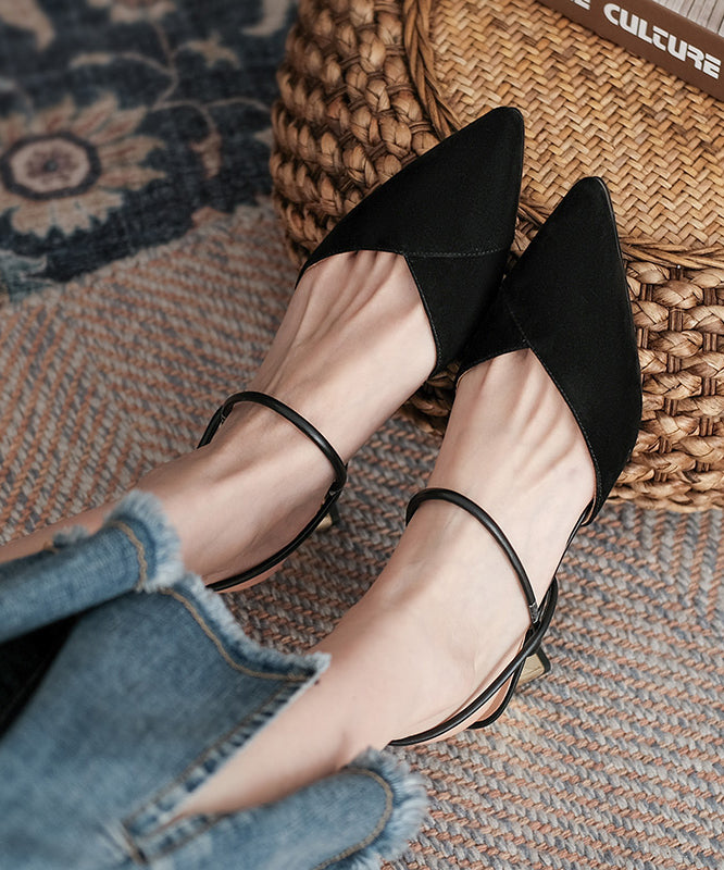 French Black Suede Splicing Chunky Sandals Pointed Toe