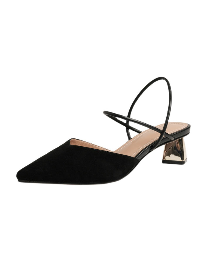 French Black Suede Splicing Chunky Sandals Pointed Toe