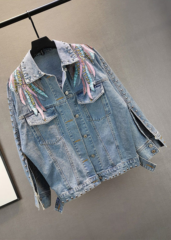 French Blue Embroideried Patchwork Tassel Peter Pan Collar Cotton Denim Coat Long Sleeve