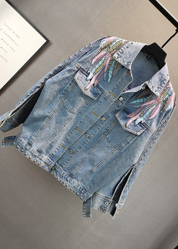 French Blue Embroideried Patchwork Tassel Peter Pan Collar Cotton Denim Coat Long Sleeve