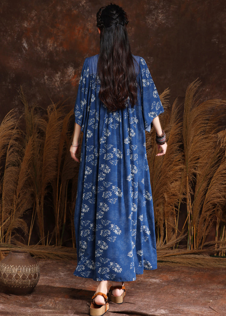 French Blue Print Wrinkled Denim Long Dress Half Sleeve