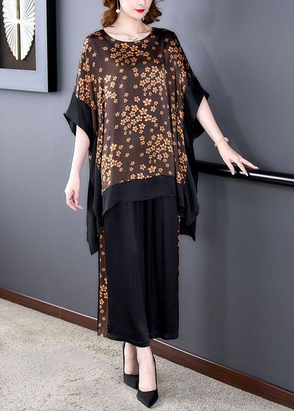 French oversized coffee patchwork-print silk two-piece dolman sleeve set