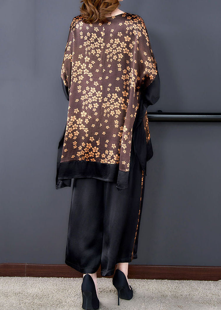 French oversized coffee patchwork-print silk two-piece dolman sleeve set