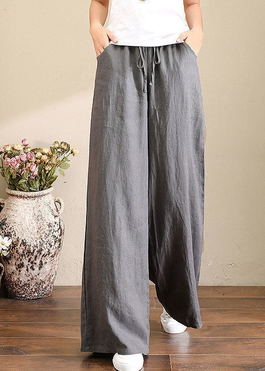 French Grey Elastic Waist Pockets Linen Wide Leg Pants Summer