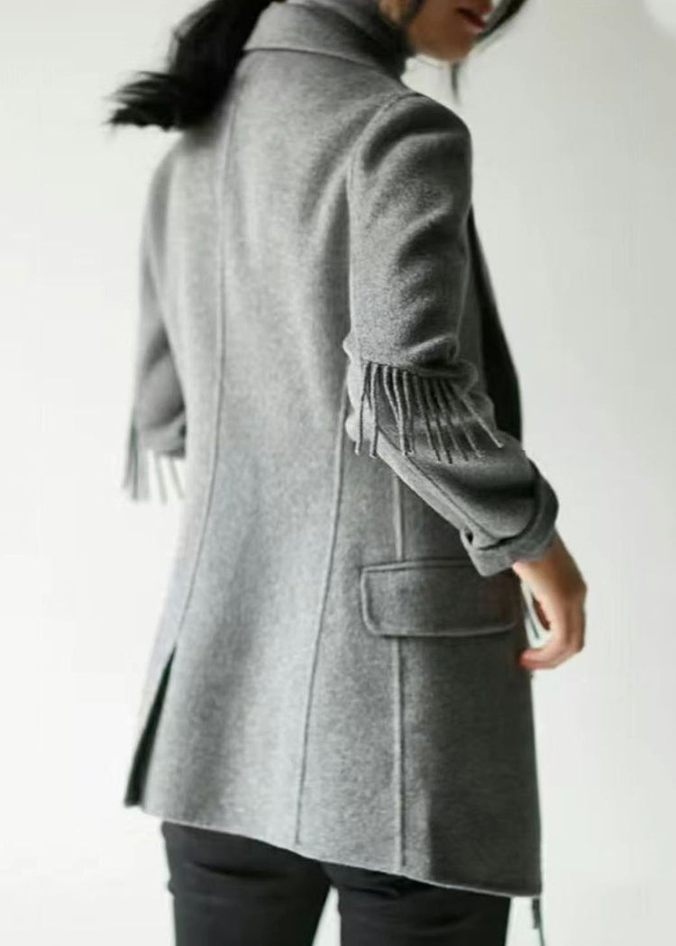 French Grey Notched Tassel Solid Woolen Blend Coat Fall