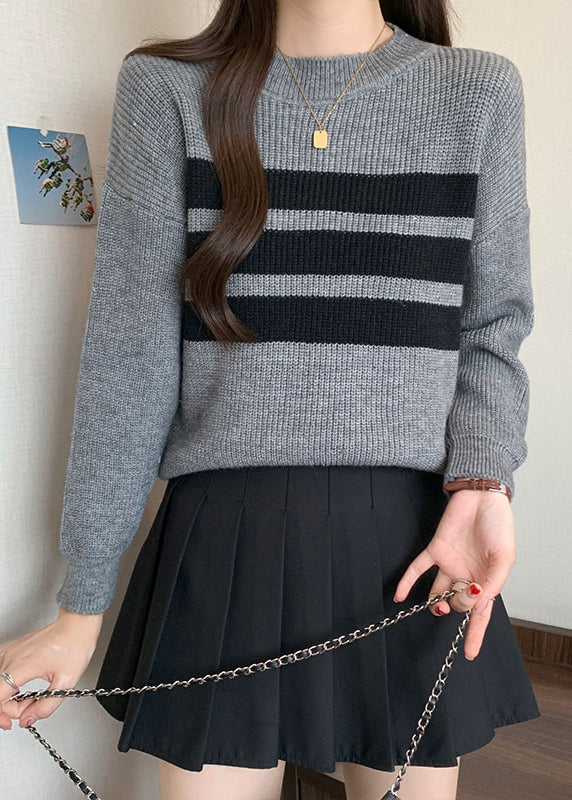 French Grey Oversized Striped Knit Tops Fall