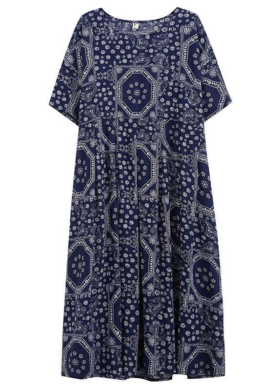 French Navy Exra Large Hem Print Dresses Cotton Linen Summer